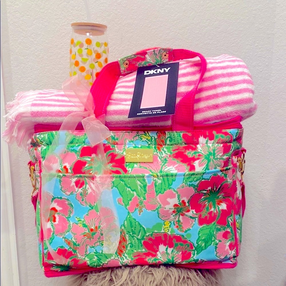 Lilly Pulitzer/DKNY Bundle! Large cooler, beach towel, and glass tumbler